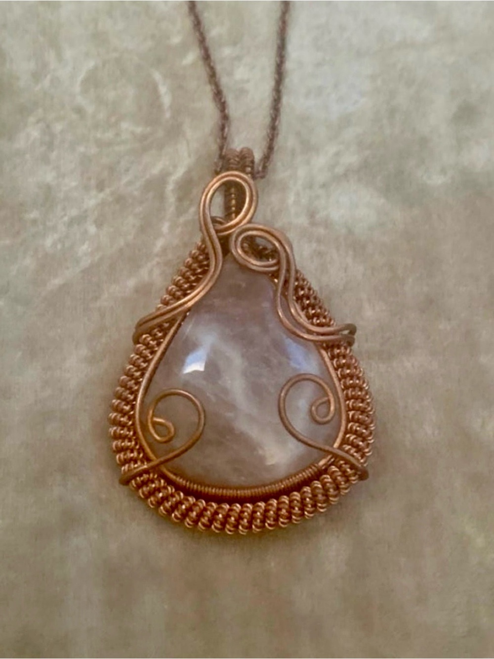 Handmade Copper Wire-Wrapped Rose Quartz Teardrop Necklace